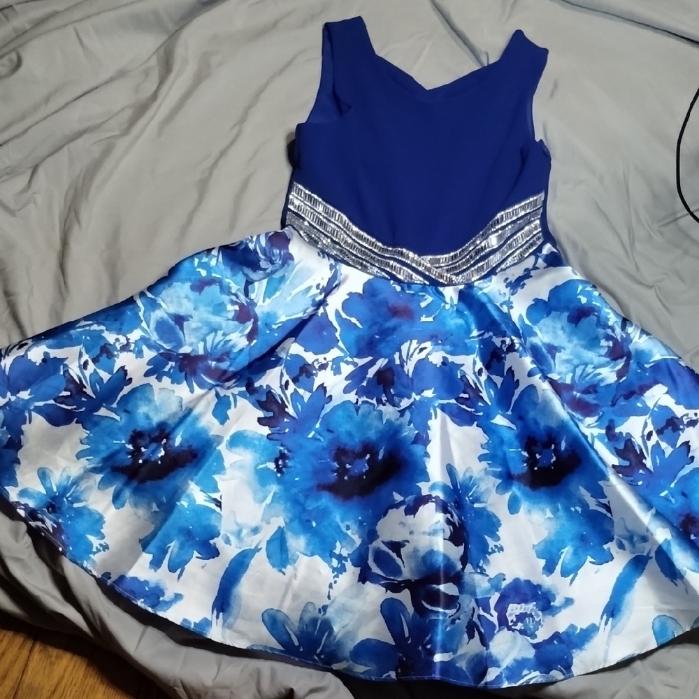 Rare Editions Blue Floral Kids Formal Dress